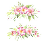 Fototapeta Kwiaty - Watercolor floral illustration - leaves and branches bouquets with pink flowers and leaves for wedding stationary, greetings, wallpapers, background. Roses, green leaves. . High quality illustration
