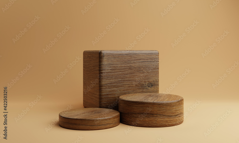 Three brown wooden rectangle cube and round cylinder product stage ...