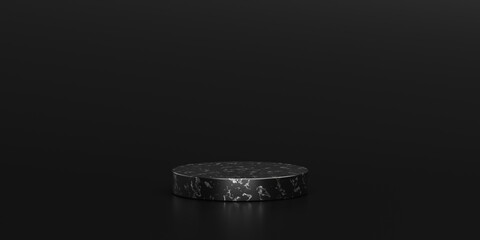 Poster - Black marble showcase product background stand or podium pedestal on dark display with luxury backdrops. 3D rendering.