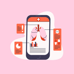 Online lungs examination flat cartoon illustration. Mobile medical application banner design. respiratory symptoms checkup background.