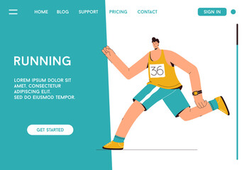 Vector landing page of Running concept. Runner runs marathon