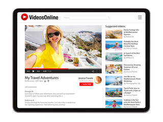 Tablet isolated on white background with online video app on screen