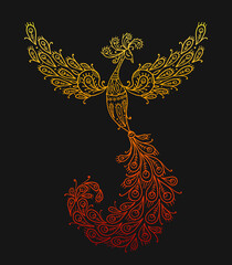 Poster - Firebird with a Majestic Tail. Phoenix Bird. Mythical character. Ornamental Silhouette for your design