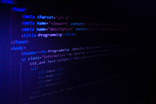 Closeup Image Of HTML Code.Coding.Programming.Developing A Webpage.Front-end Development.Html Coding.Html Programming.