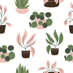 Seamless Pattern Houseplants in a Pot for Design. Vector Illustration