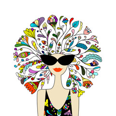 Wall Mural - Floral female portrait, pretty woman in sunglasses. Design for fashion cards, banners, posters