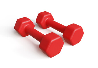 Pair of red dumbbells isolated on white background, 3d illustration.