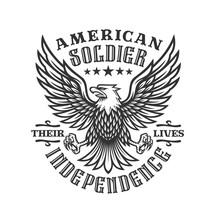 Label Monochrome Of American Soldier With Eagle In Vintage Design