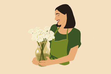 Cheerful woman woman enjoys a bouquet of white tulips in green apron. Vector illustration in flat style. Spring mood concept. Florist in working process.