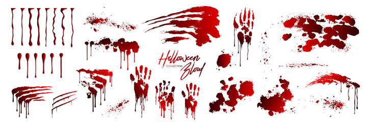 Fototapeta blood collection, happy halloween decoration, vector bloody horror drop, drip, splatter, creepy splash, spot. realistic blood on transparent background, isolated.