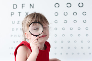 Little girl with magnifying glass standing on background of table for eye test