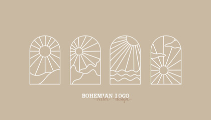 bohemian logo line. modern minimalism style. phases of the moon and the sun. lunar eclipse and new moon. botanical frame. ideal for packaging design