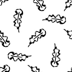 Wall Mural - Oak leaf monochrome seamless vector pattern background. Simple calligraphy brush foliage black and white backdrop. Minimal elegant outline design. Painterly style all over print for packaging