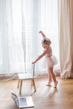 Online Classes. The Little Girl Is Engaged In Ballet. Dancing.