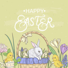 Poster - Happy Easter. Banner with bunnies and spring flowers