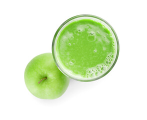 Wall Mural - Glass of healthy green smoothie and apple on white background