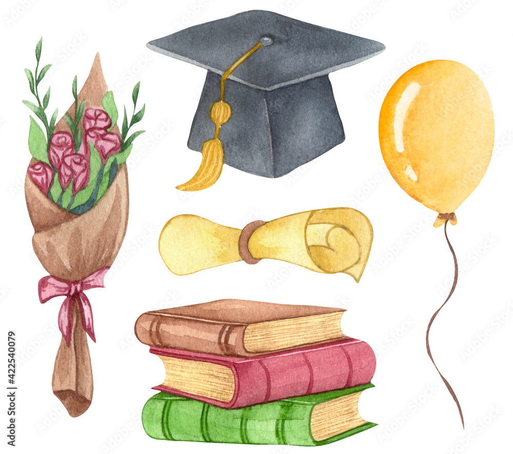 Watercolor Graduation set of Graduation cap, flowers, balloons and ...