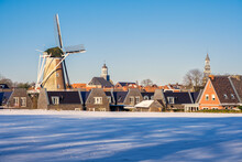 Dutch Winter Landscape Near The Village Of Ootmarsum. The Flour Mill And The Reformed Church And Catholic Simon And Judas Church Towers Can Be Seen. It Lies In The Eastern Part Of The Netherlands. 