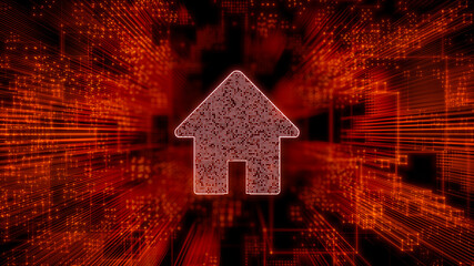 Internet Technology Concept with home symbol against a Futuristic, Orange Digital Grid background. Network Tech Wallpaper. 3D Render 