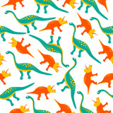 Fototapeta Dinusie - Seamless pattern with cute dinosaurs: diplodocus and Triceratops. Cute dino on white background