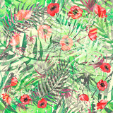 Fototapeta Młodzieżowe - Tropical leaves. Watercolor leaves of a tree, palms, bamboo, red poppy, abstract splash. Watercolor abstract seamless background, pattern, spot, splash of paint, branch. Tropic pattern.palm leaves