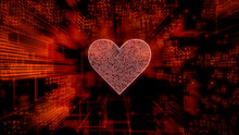 Love Technology Concept With Heart Symbol Against A Futuristic, Orange Digital Grid Background. Network Tech Wallpaper. 3D Render 