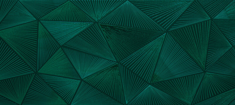 Fototapete - Abstract triangular dark green mosaic tile wallpaper texture with geometric fluted triangles background banner