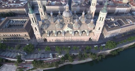 Poster - A 4k rendering of an ancient cathedral near the river on the city background