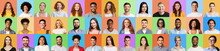Happy Young Men And Women Faces Smiling On Colorful Backgrounds
