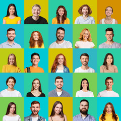 Canvas Print - Square Collage Of Young People Faces With Colorful Backgrounds