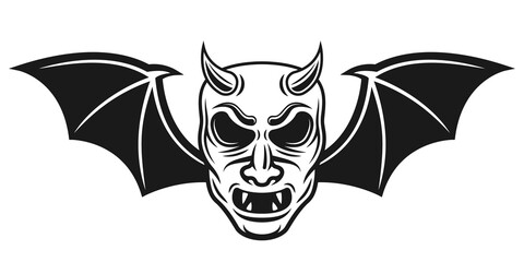 Wall Mural - Samurai mask with bat wings and horns vector illustration in monochrome tattoo style isolated on white background