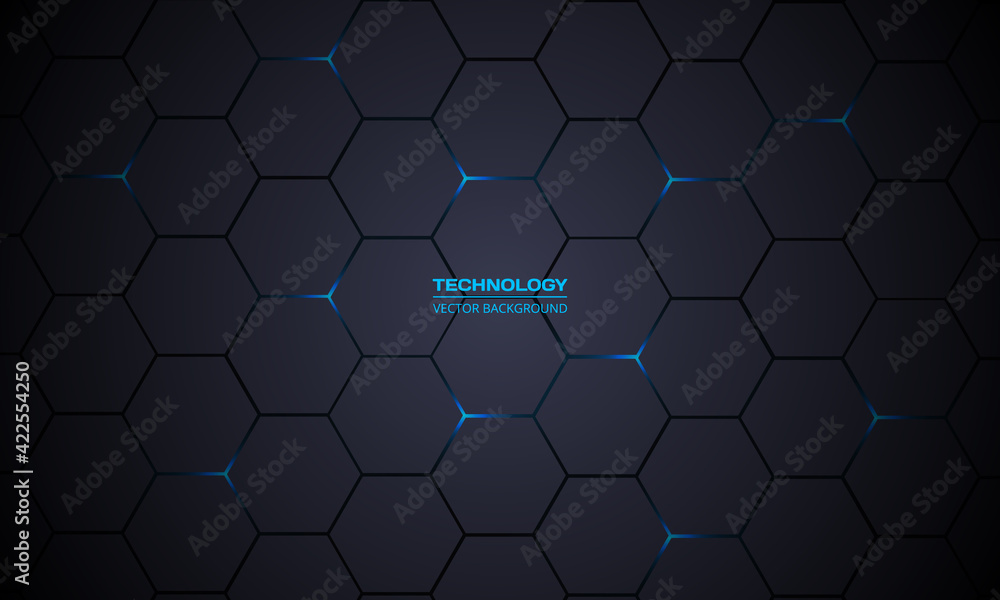 Dark gray hexagonal technology vector abstract background. Blue bright ...