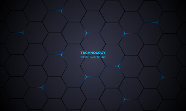 Dark gray hexagonal technology vector abstract background. Blue bright energy flashes under hexagon in modern technology futuristic background vector illustration. Dark gray honeycomb texture grid.
