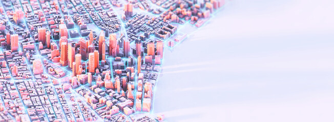 Abstract isometric city aerial 3D scene. Futuristic tech cityscape creative concept illustration: skyscrapers, towers buildings. Isometry urban view of modern techno metropolis, smart city copy space
