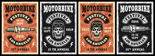 Motorcycle Garage And Repair Service Set Of Four Vector Posters In Vintage Style With Skull And Spark Plug