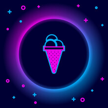 Glowing Neon Line Ice Cream In Waffle Cone Icon Isolated On Black Background. Sweet Symbol. Colorful Outline Concept. Vector