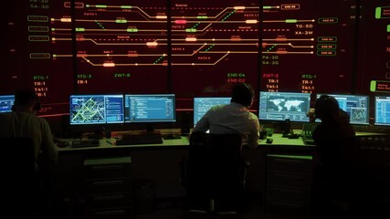 Poster - Professional IT Technical Support Specialists and Software Developer Working on Computers in Monitoring Control Room with Digital Screens with Server Data, Blockchain Network and Surveillance Maps. 