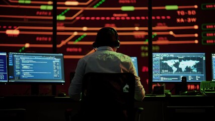 Poster - Professional IT Technical Support Specialists and Software Developer Working on Computers in Monitoring Control Room with Digital Screens with Server Data, Blockchain Network and Surveillance Maps. 