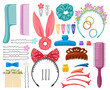 Hair accessories. Woman hair items, hair clips, hairpins, hairband and hair grips, female hair tools. Fashion hair accessories vector illustration set