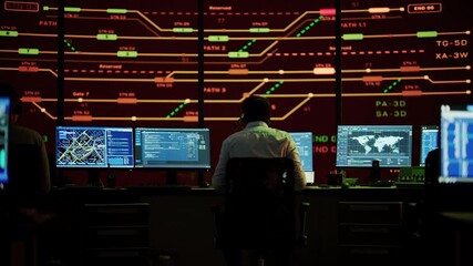Poster - Professional IT Technical Support Specialists and Software Programmer Working on Computers in Monitoring Control Room with Digital Screens with Server Data, Blockchain Network and Surveillance Maps. 