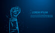 Hands of Business team raised fist air Corporate Celebration victory, success, and winning concept. glowing blue. Low polygon, particle, and triangle style design.Wireframe light connection structure.
