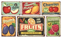 Fruit Market Vintage Signs Collection. Apple, Mango, Cherry, Orange, Plum And Raspberry Retro Posters Set. Fruit Plantation And Farm Vectors And Sign Labels.