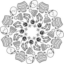 Chistmas Mandala With Winter Clothers And Cats Illustration. Christmas Coloring Page. Cozy Home Elements Vector.	
