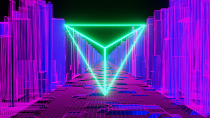 Wall Mural - 3d illustration graphic of sci-fi neon city landscape with neon triangle and bright colorful lights.