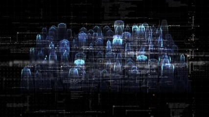 Aufkleber - Futuristic simulation of 5G network concept, artificial intelligence quantum physic matrix particles deep learning performing analytic computational head up display loop background