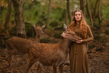 Redhead Girl With Deer In A Long Dress