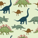 Fototapeta Dinusie - Dinosaurs prehistoric ancient animals hand drawn illustration vector set on white background realistic style sketch patern seamless