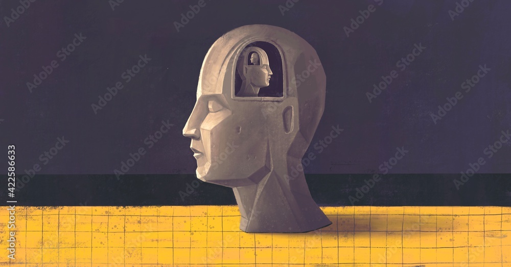 Concept art of brain thinking psychology success and mind , Surreal painting, conceptual 3d illustration, portrait artwork - obrazy, fototapety, plakaty 