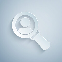 Sticker - Paper cut Magnifying glass for search a people icon isolated on grey background. Recruitment or selection concept. Search for employees and job. Paper art style. Vector