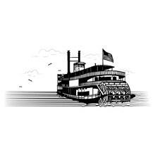 Sternwheeler River Boat Paddle Wheeler Vector Illustration Paddle Steamer Paddleboat Line Art  Black And White Graphic